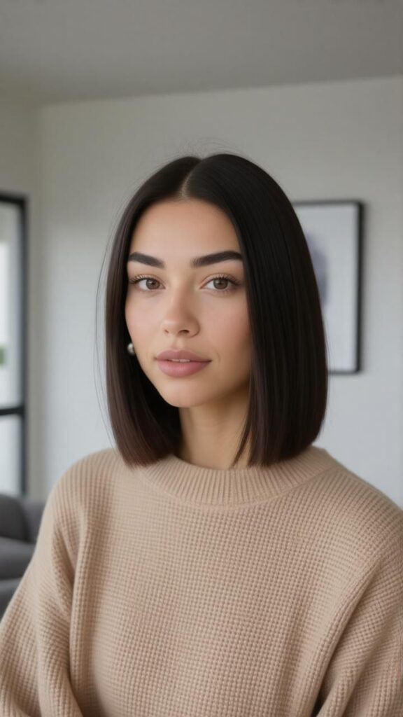 Young woman with short, dark hair wearing a beige sweater, sitting indoors with a neutral expression.
