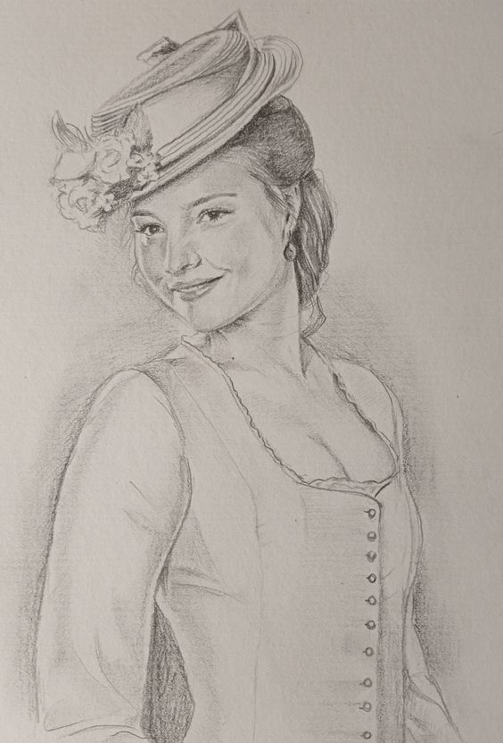 Pencil sketch of a smiling woman in vintage attire with a decorated hat, exuding timeless elegance.