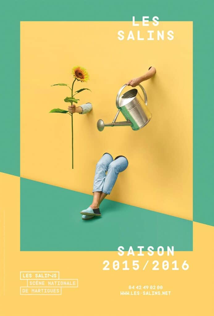 Surreal poster design for Les Salins 2015/2016 season with sunflower, watering can, and legs in a colorful abstract scene.