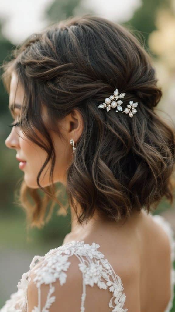 Brunette bride with pearl hair clip and floral lace dress, sideways view in outdoor setting.