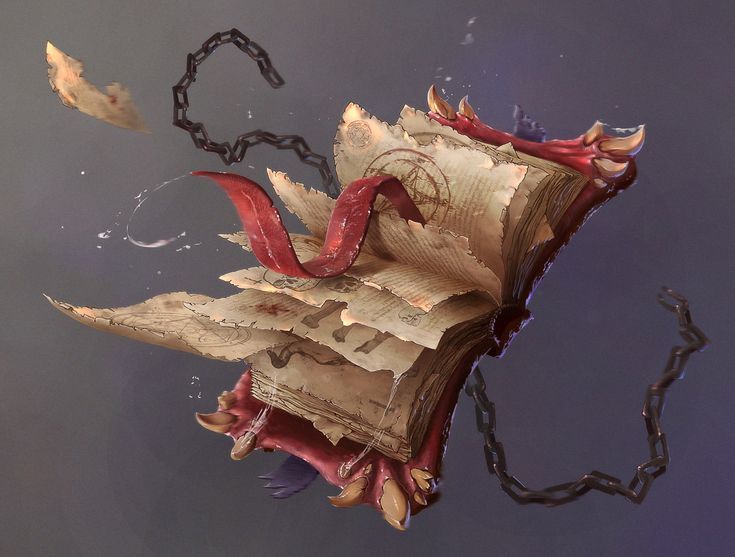 Fantasy-themed enchanted book with tattered pages and magical aura, hovering in mid-air with chains in the background.