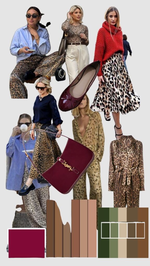Fashion collage featuring leopard print outfits, accessories, and color palettes for trendy styling inspiration.