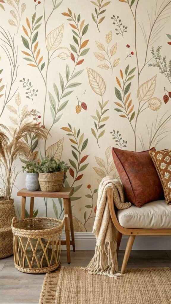 Cozy living room with botanical wallpaper, woven decor, and a cushioned chair for a natural and inviting ambiance.