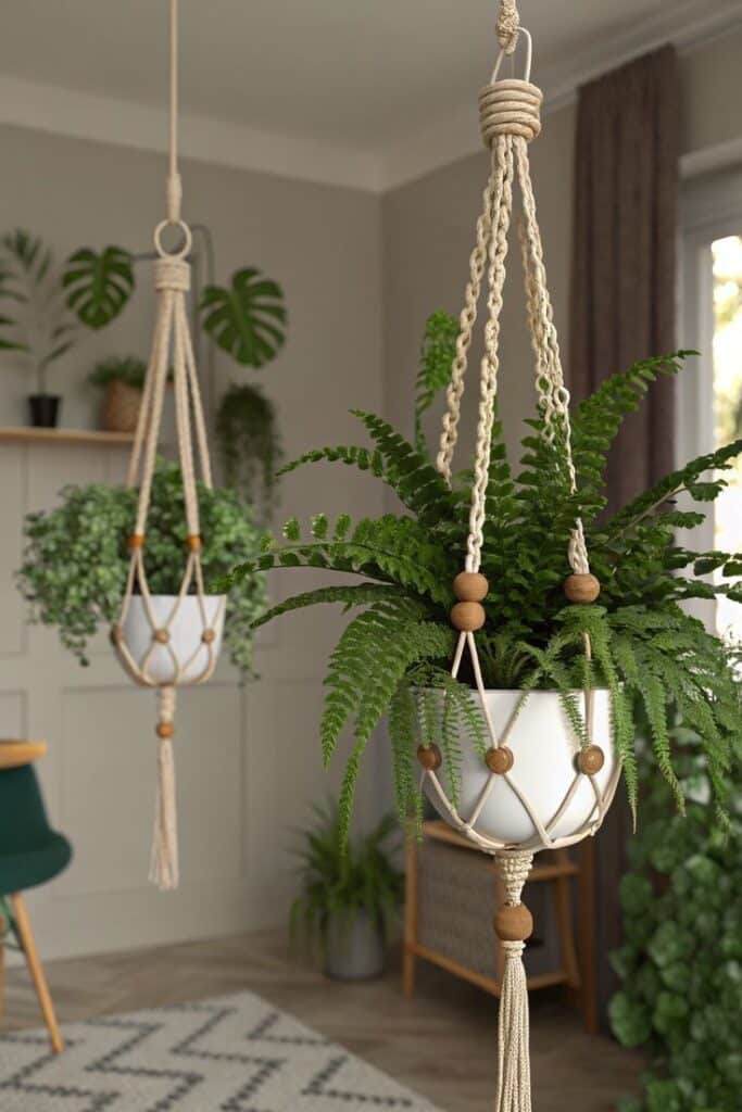 Hanging macramé planters with ferns in a cozy, modern living room setting with natural light.