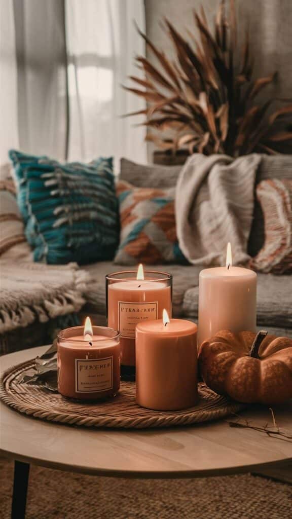 Cozy living room with lit candles, cushions, and a pumpkin on a wooden table for autumn home decor ambiance.