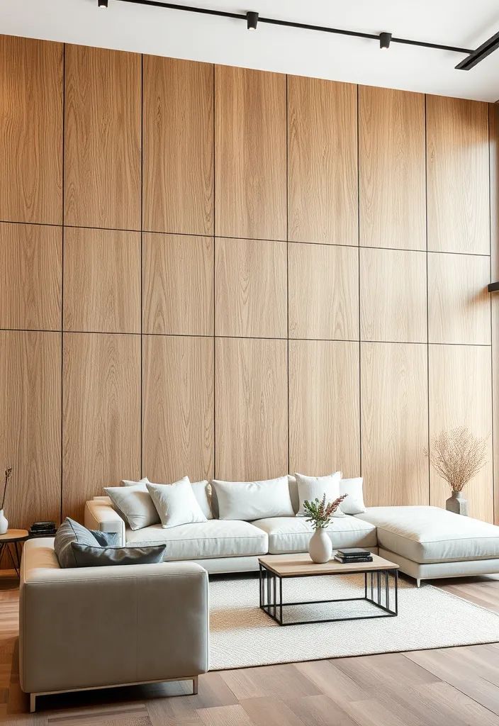 22 Creative Ideas For Decorating a Large Wall That Will Transform Your Space Modern living room with white sofas, wooden wall panels, and coffee table, creating a minimalist and cozy atmosphere. | Sky Rye Design Modern living room with white sofas, wooden wall panels, and coffee table, creating a minimalist and cozy atmosphere.