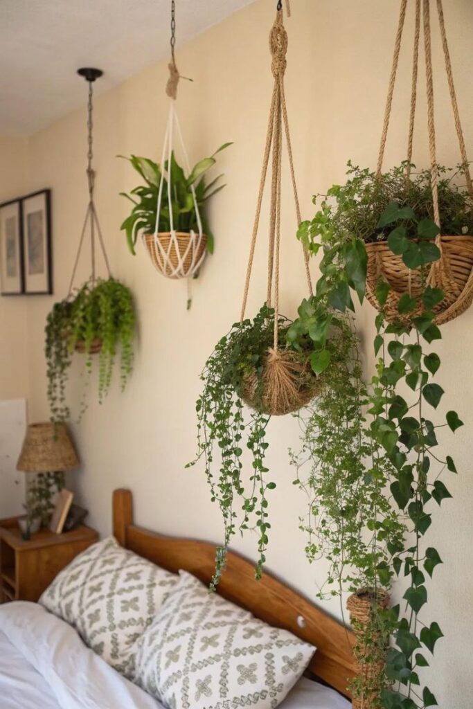 Hanging plants in woven baskets above a cozy bed with patterned pillows create a serene, natural bedroom vibe.