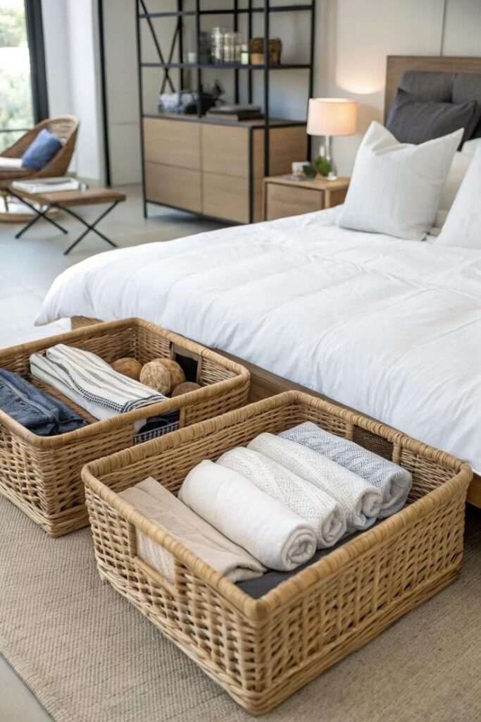 Cozy bedroom with wicker baskets storing neatly rolled blankets at the foot of a bed with white bedding.