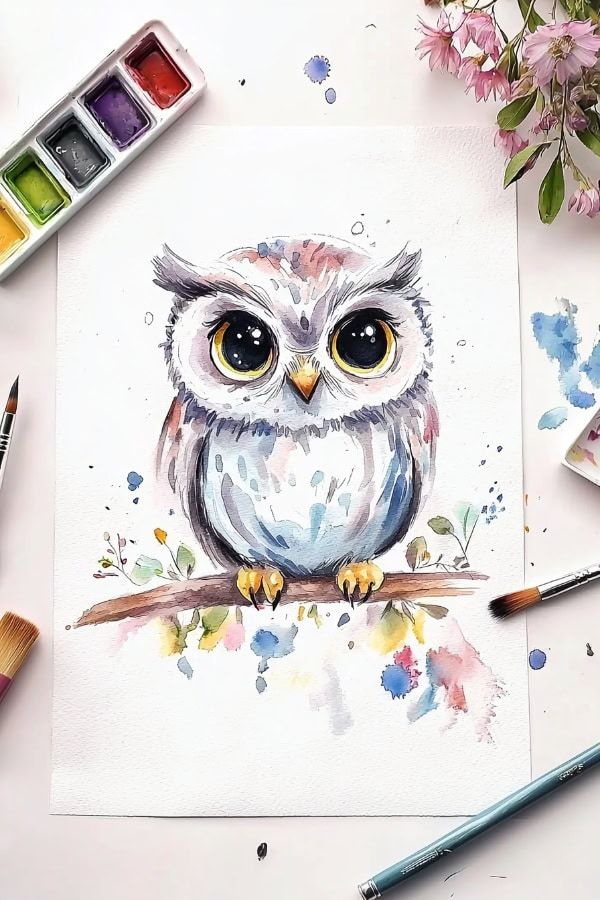 Watercolor painting of a cute owl on a branch, surrounded by art supplies and pink flowers.