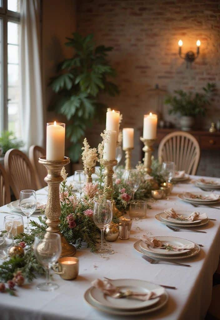 Elegant dining table setting with candles, floral centerpiece, and fine china in a cozy, ambient-lit room.