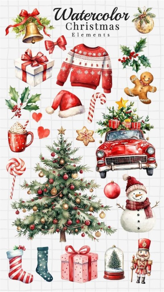 2222 Watercolor Christmas elements including tree, gifts, sweater, snowman, car, and festive decorations on a grid background. | Sky Rye Design Watercolor Christmas elements including tree, gifts, sweater, snowman, car, and festive decorations on a grid background.