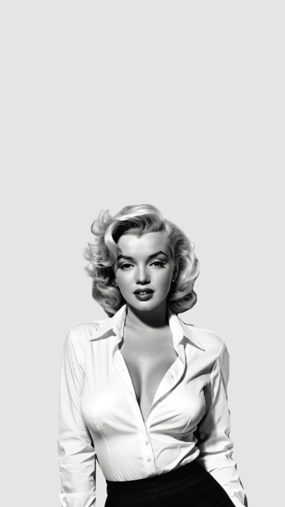 Black and white portrait of a woman in a white blouse, styled with vintage curls and classic makeup.