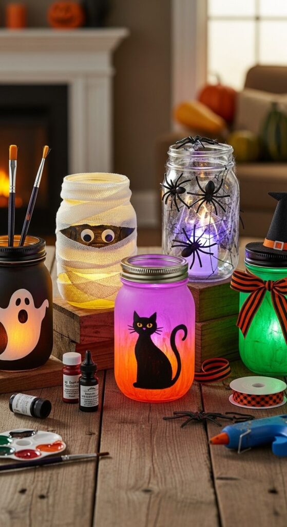 22e20deeccc8eb902b64bc99642dab59 DIY Halloween jar lanterns with spooky designs: ghost, cat, mummy, spider. Craft materials on wooden table. | Sky Rye Design DIY Halloween jar lanterns with spooky designs: ghost, cat, mummy, spider. Craft materials on wooden table.