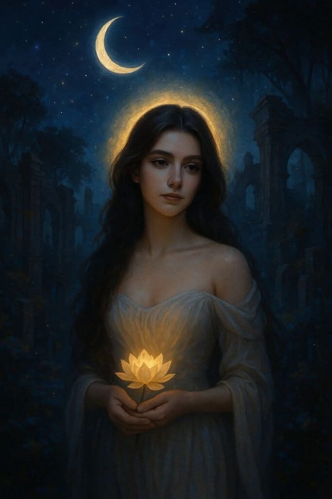 Woman holding glowing lotus under crescent moon, surrounded by ruins. Mystical night scene with ethereal aura.
