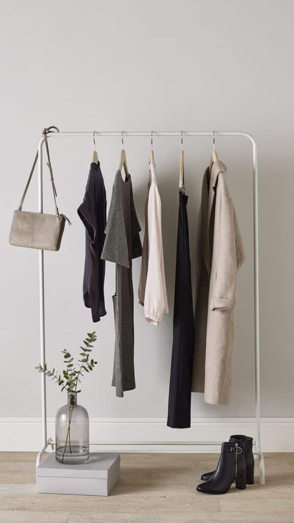 Minimalist clothing rack with neutral-toned outfits, a purse, and a plant decor accent on a wooden floor.