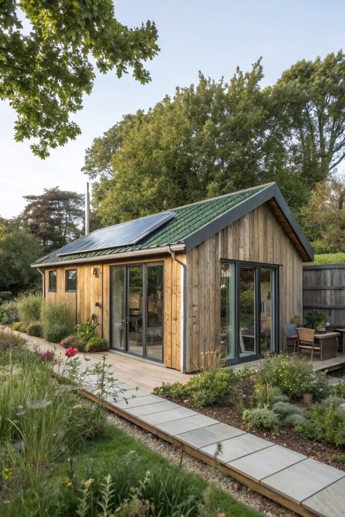 Eco-friendly tiny house with solar panels, surrounded by lush garden and trees, showcasing sustainable living.