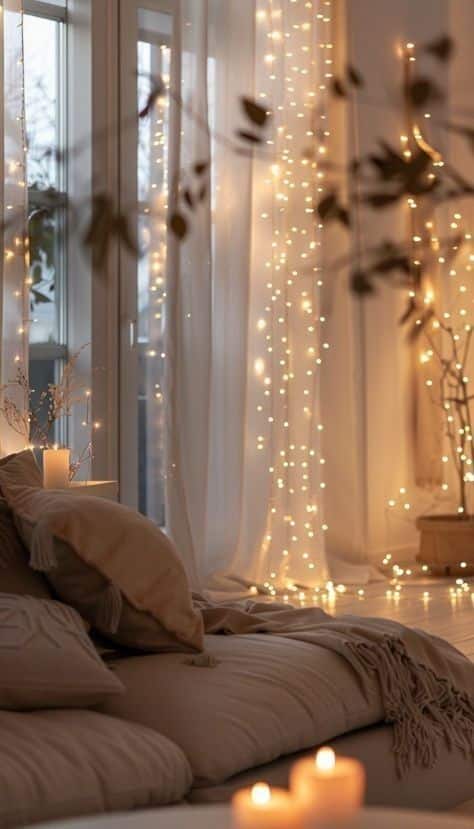 Cozy living room with soft pillows, lit candles, and string lights creating a warm, inviting atmosphere by the window.