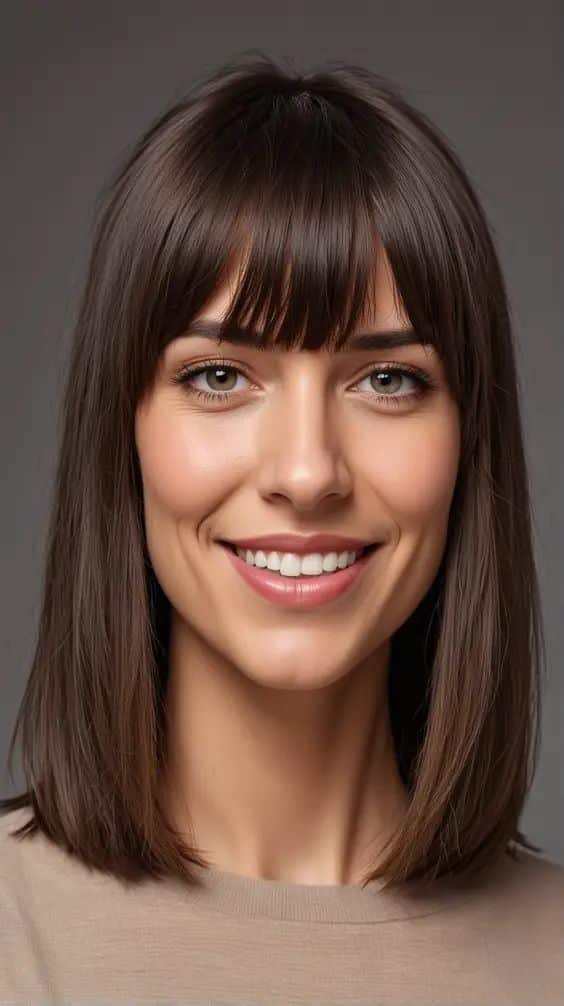 Smiling woman with brown hair and bangs, wearing a beige top against a gray background.