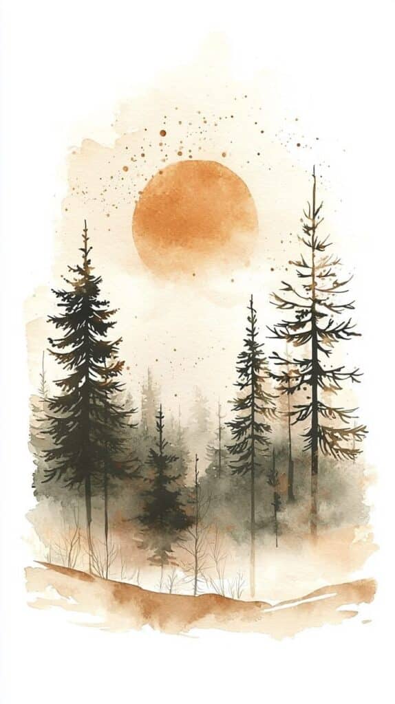 Watercolor forest scene with tall trees silhouetted against an orange sun and misty background.