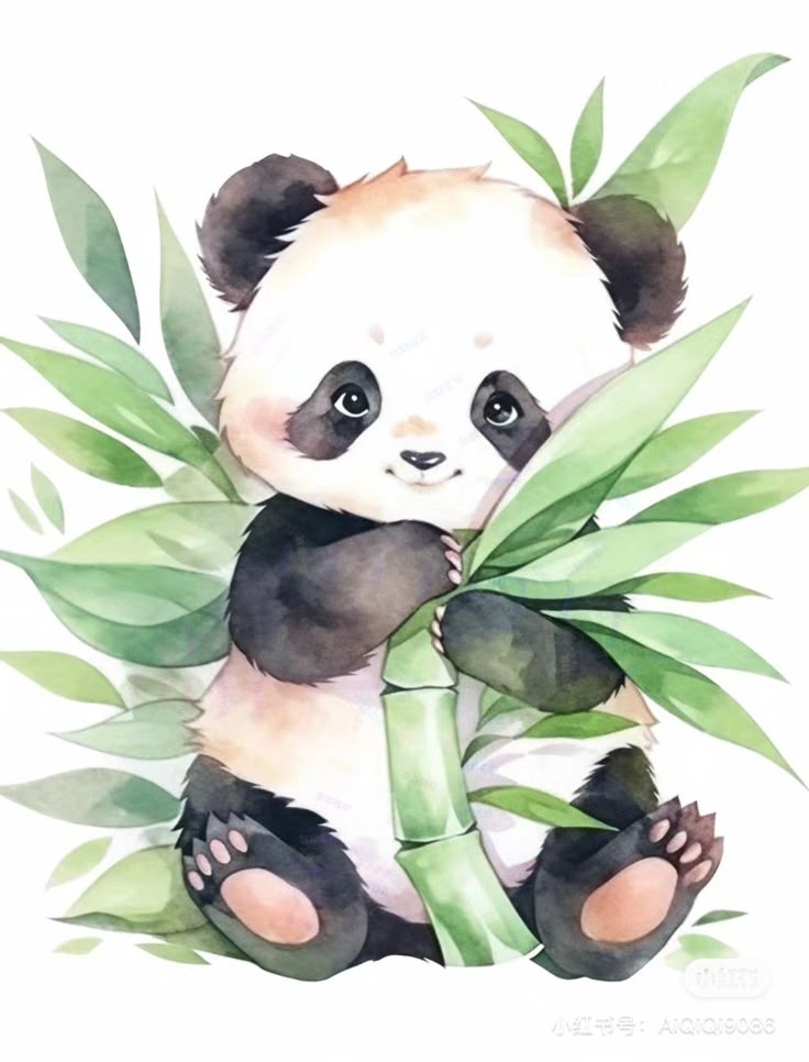 Cute watercolor panda holding bamboo, surrounded by green leaves. Adorable wildlife illustration.