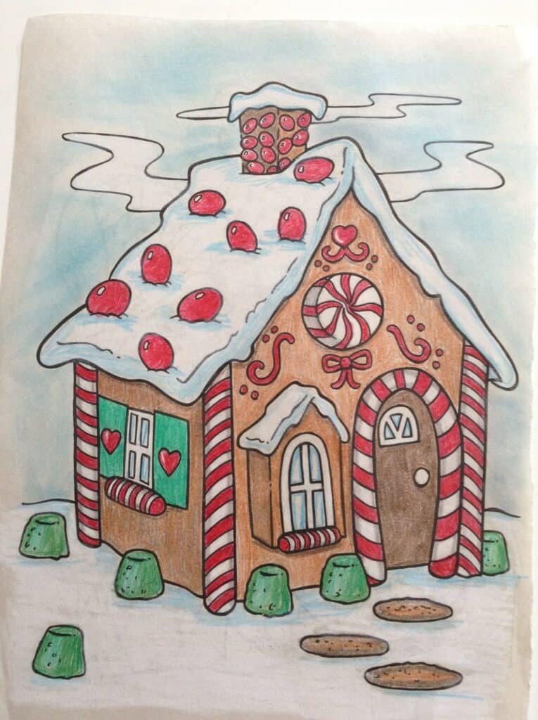 Whimsical gingerbread house with snow, candy decorations, and peppermint accents on a winter-themed background.