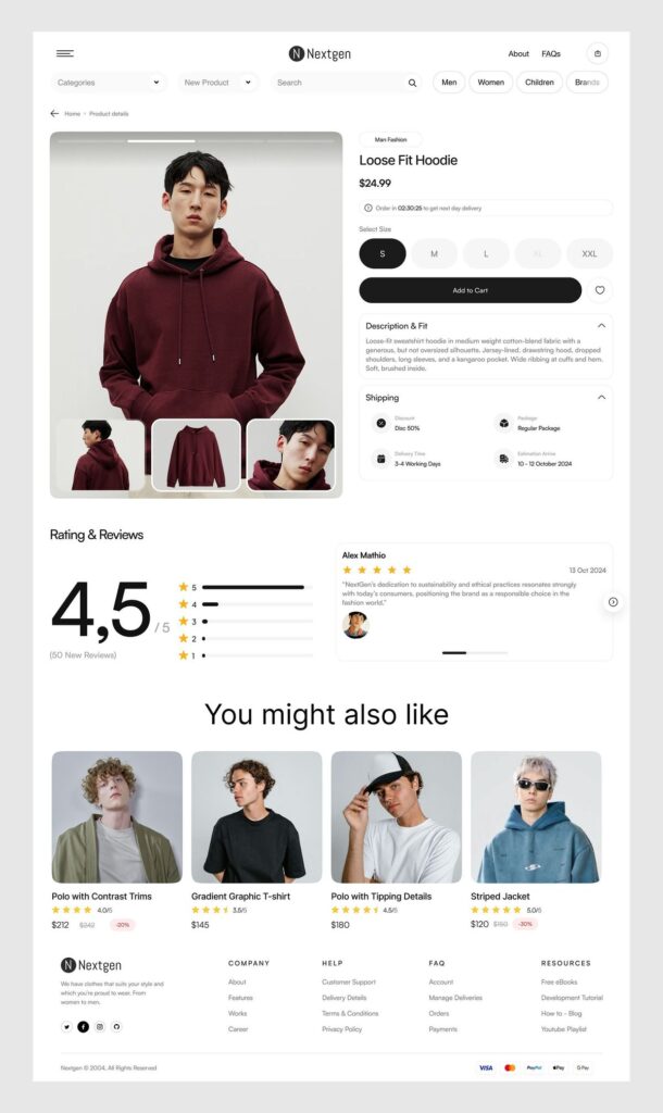 Nextgen product page displaying a maroon loose-fit hoodie with size options and customer reviews.