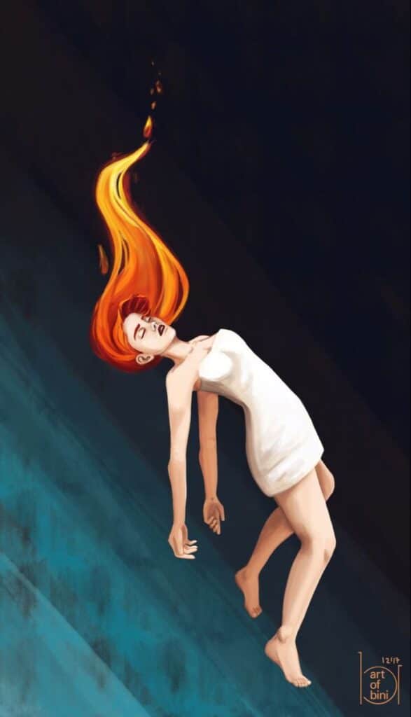Floating woman with flaming hair in white dress, against dark and blue background, surreal digital art.