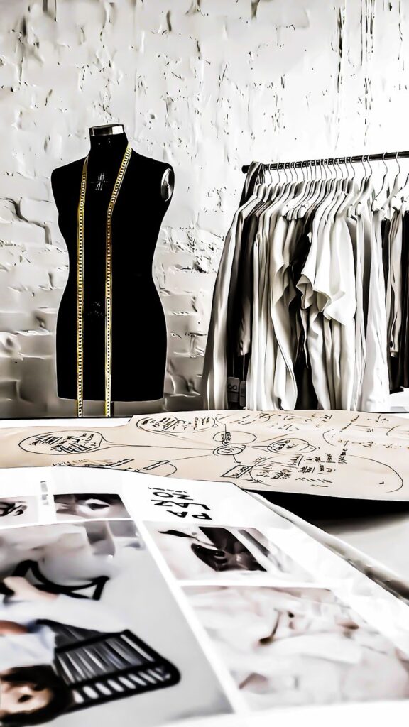 Fashion design studio with dress form, fabric, and sketches.