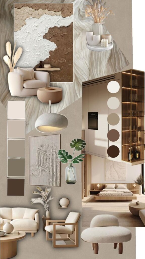 Neutral tone interior design inspiration with beige furniture, abstract art, and cozy modern decor elements.