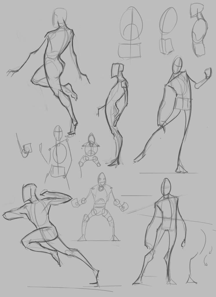 Sketches of human figure poses for art reference, featuring dynamic motion and various angles.