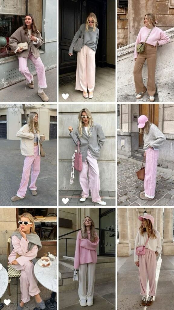Trendy street style outfits with pink and neutral tones. Casual chic fashion inspiration for women.