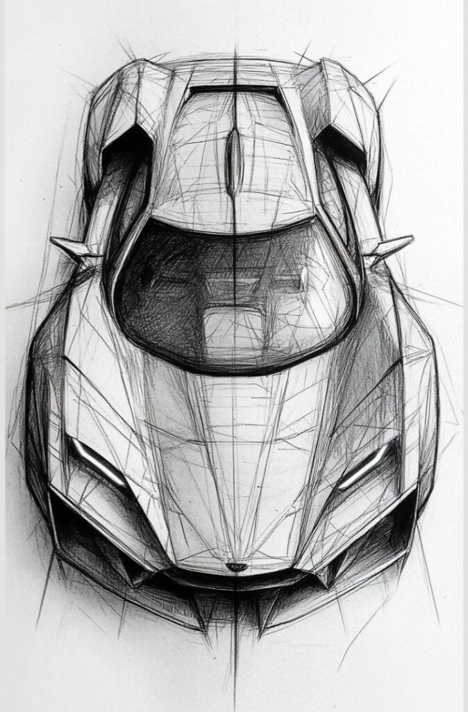 Sketch of a futuristic sports car design, emphasizing its aerodynamic shape and aggressive styling.