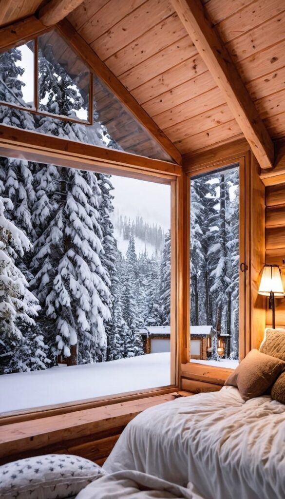Cozy cabin interior with snowy forest view through large windows, highlighting winter retreat ambiance.
