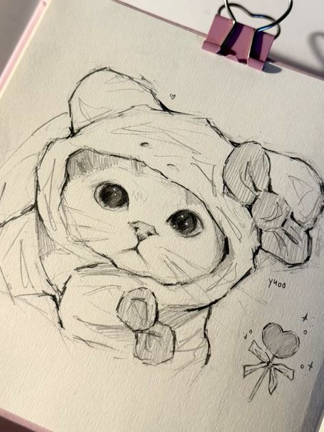 Sketch of a cat in a hood with a bow, drawn in pencil. Cute and whimsical illustration on paper.