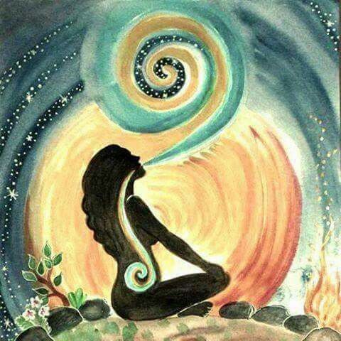 Silhouette meditating with swirling energy, surrounded by cosmic and natural elements, symbolizing tranquility and balance.