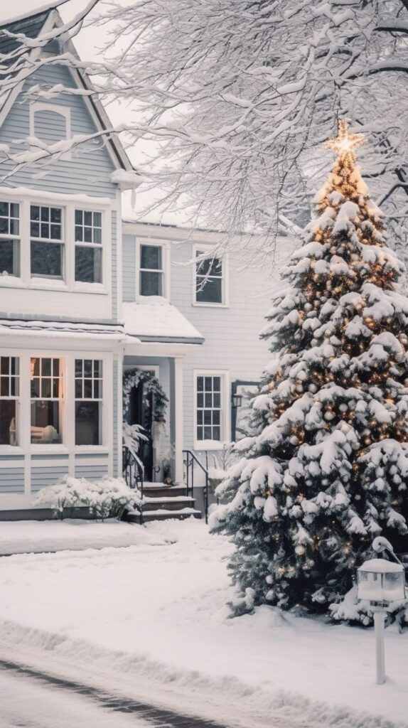 Snow-covered house with a lit Christmas tree in front yard, creating a festive winter scene.