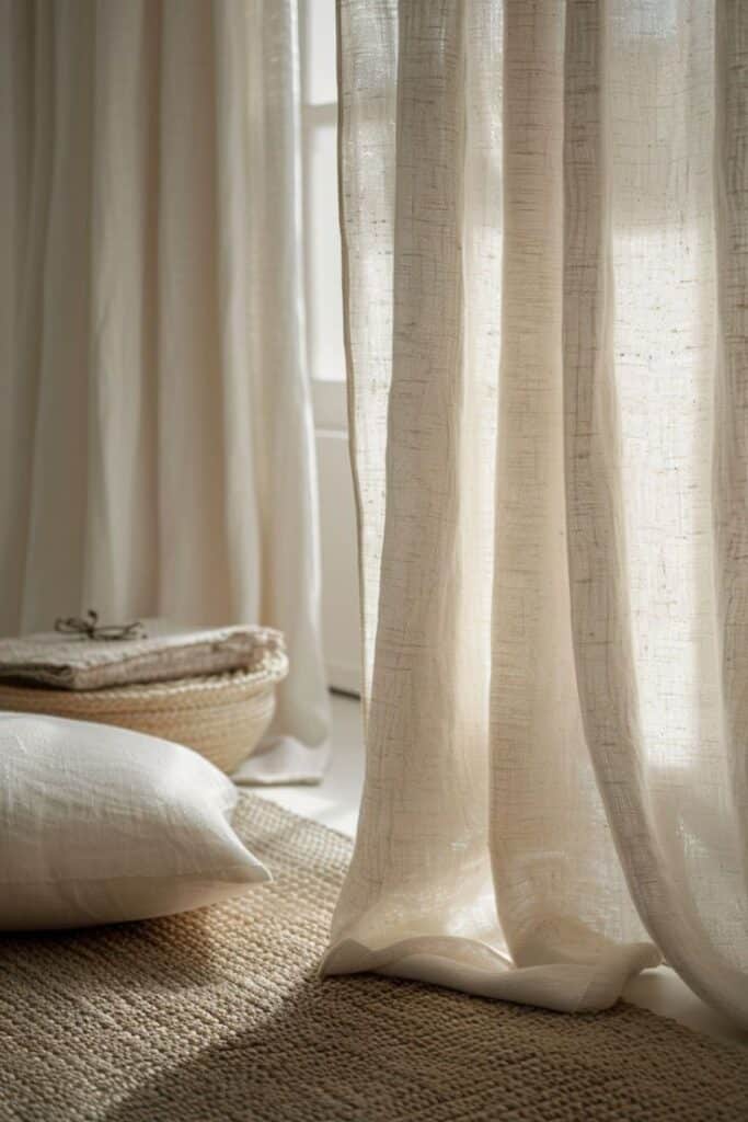 Cozy beige curtains letting in soft sunlight, complementing natural decor with a woven basket and plush pillow.