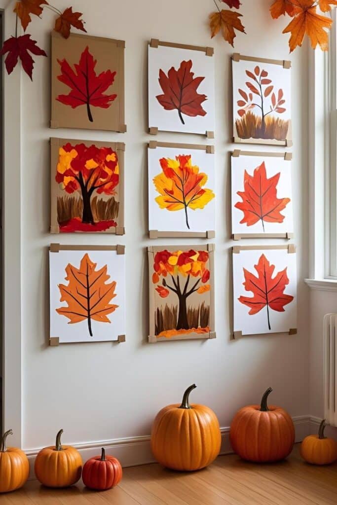 Autumn-themed art display with colorful leaf paintings and pumpkins adorning a wall.
