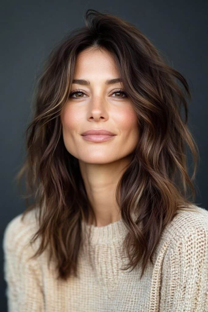 25+ Crazy Good Mid Length Haircuts for Older Women in 2025 Smiling woman with wavy brown hair wearing a beige sweater against a dark background. | Sky Rye Design Smiling woman with wavy brown hair wearing a beige sweater against a dark background.