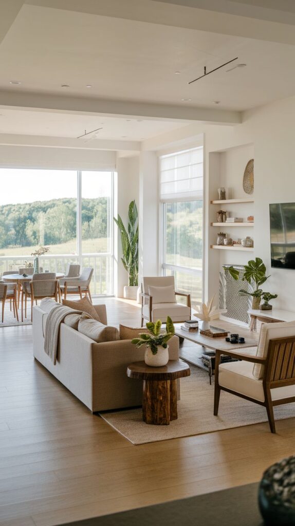 25 Dreamy Living Room Ideas for a Luxurious Chill Vibe Modern living room with large windows, beige sofa, and plants, overlooking scenic greenery. Minimalist decor and natural light. | Sky Rye Design Modern living room with large windows, beige sofa, and plants, overlooking scenic greenery. Minimalist decor and natural light.