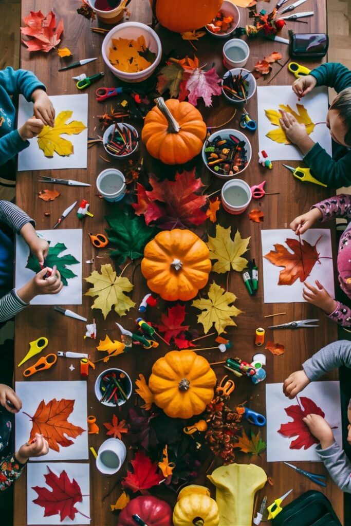 Children crafting autumn leaves and pumpkins at a table, with colorful art supplies and decorations.