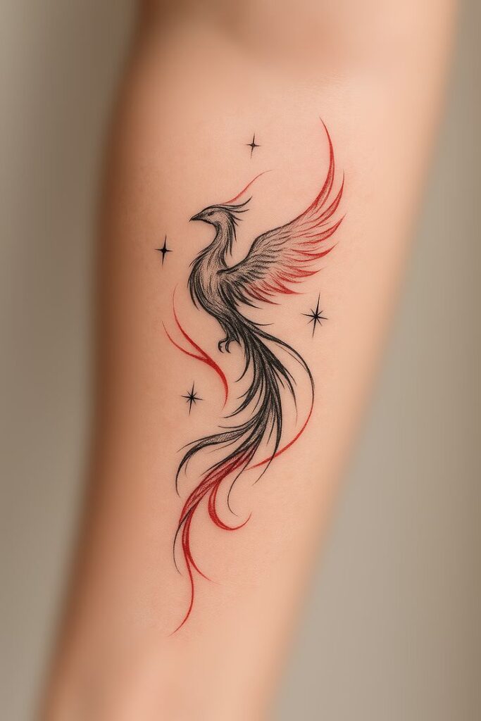 Elegant phoenix tattoo in black and red ink with star details on skin.