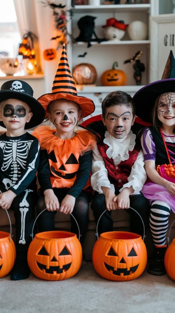 Kids in Halloween costumes with pumpkin buckets, ready for trick-or-treating indoors, surrounded by festive decor.