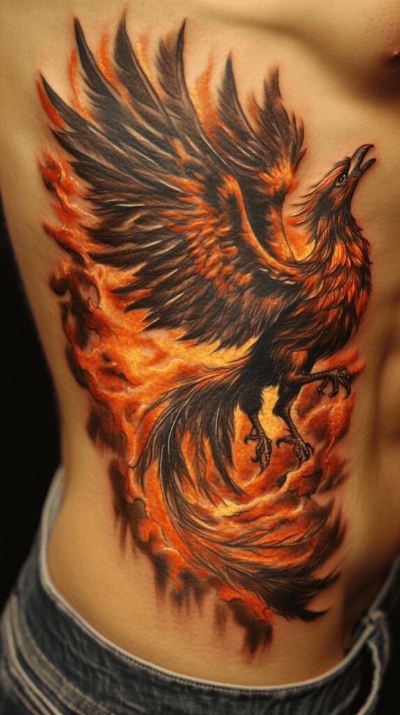 Phoenix tattoo design with vibrant flames on skin.