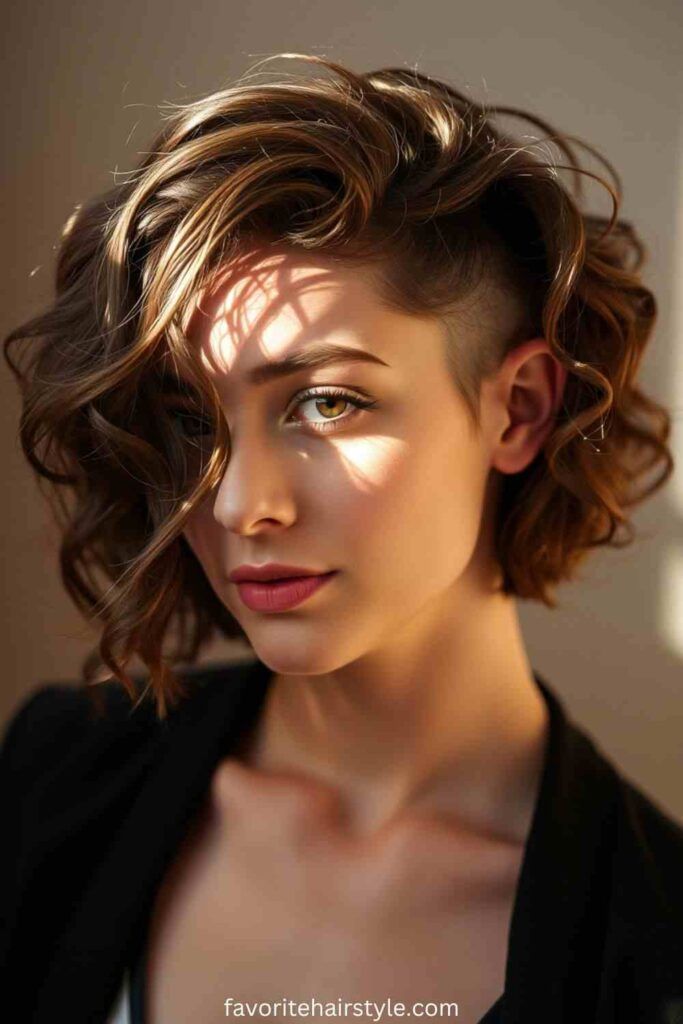 Young woman with stylish short, curly undercut hairstyle, wearing a black blazer, soft natural lighting.
