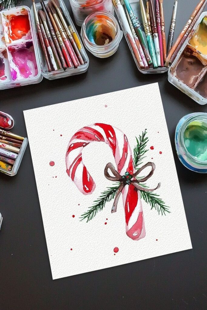 25 Watercolor Christmas Cards DIY Ideas to Brighten Your Holidays Watercolor painting of candy canes tied with ribbon, surrounded by art supplies on a dark table. | Sky Rye Design Watercolor painting of candy canes tied with ribbon, surrounded by art supplies on a dark table.