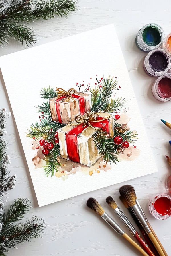 25 Watercolor Christmas Cards Ideas for DIY Holiday Inspiration Watercolor painting of festive Christmas gifts with pine branches and berries, surrounded by paintbrushes and colors. | Sky Rye Design Watercolor painting of festive Christmas gifts with pine branches and berries, surrounded by paintbrushes and colors.