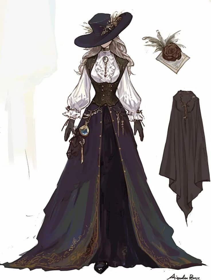 Victorian-inspired elegant outfit with hat, corset, and long skirt, ideal for cosplay or historical-themed events.