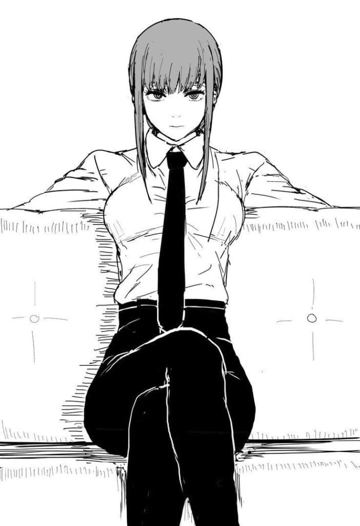 Anime character in a suit and tie, sitting confidently on a sofa, arms spread, with a focused expression.