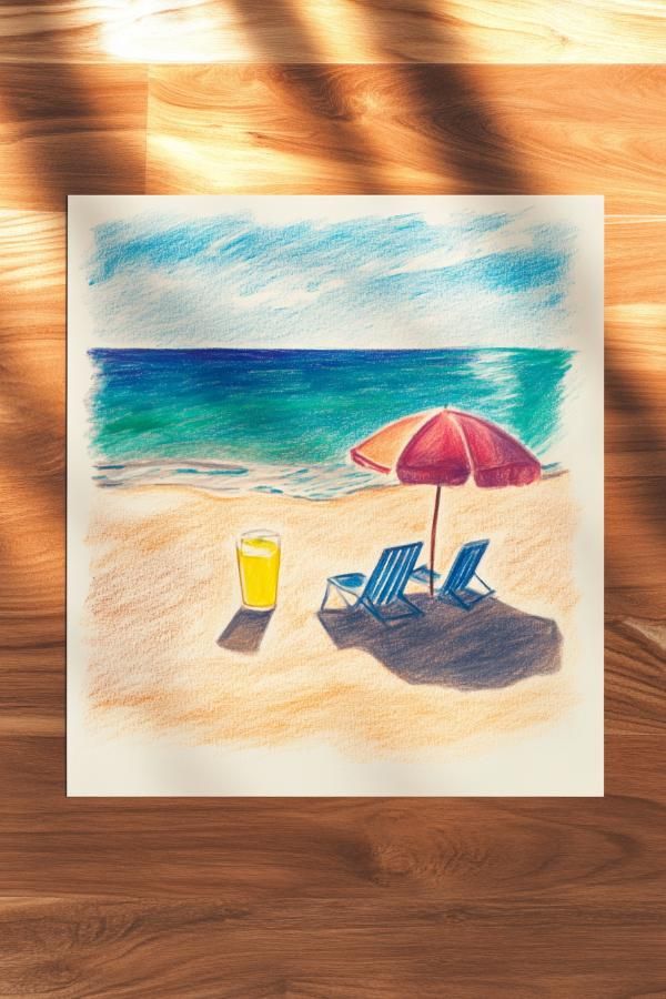 Colorful beach drawing with chairs, umbrella, and ocean view on wooden surface.